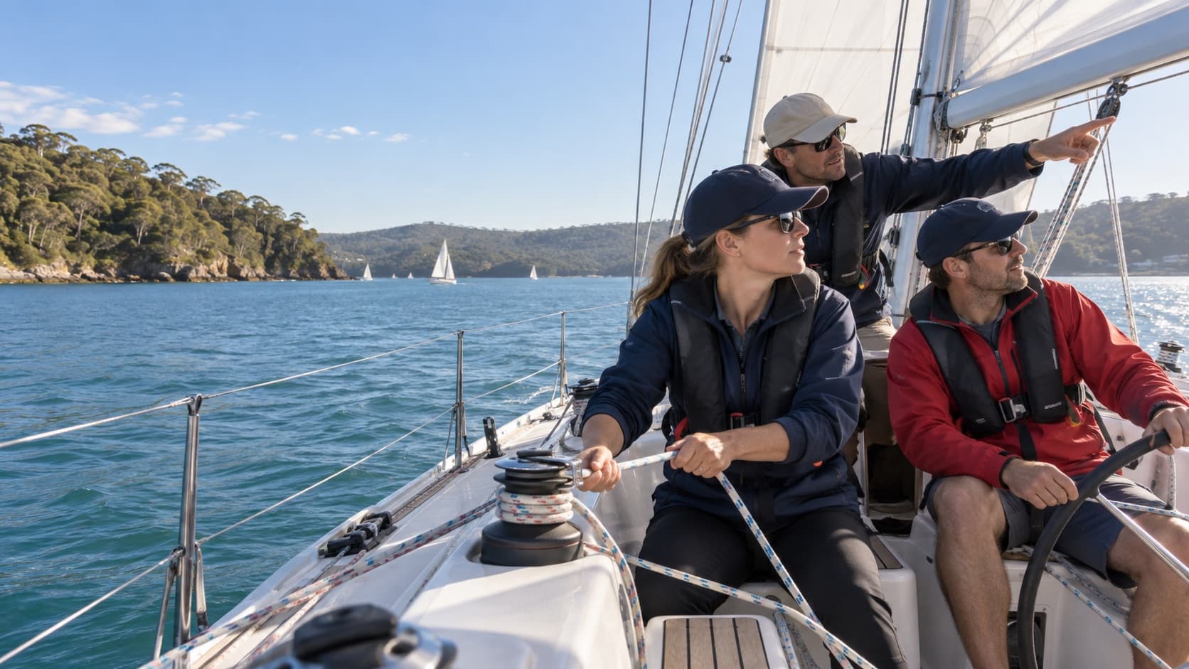 Instructor and two adult students practising sail trim and lookout on an Australian coastal bay