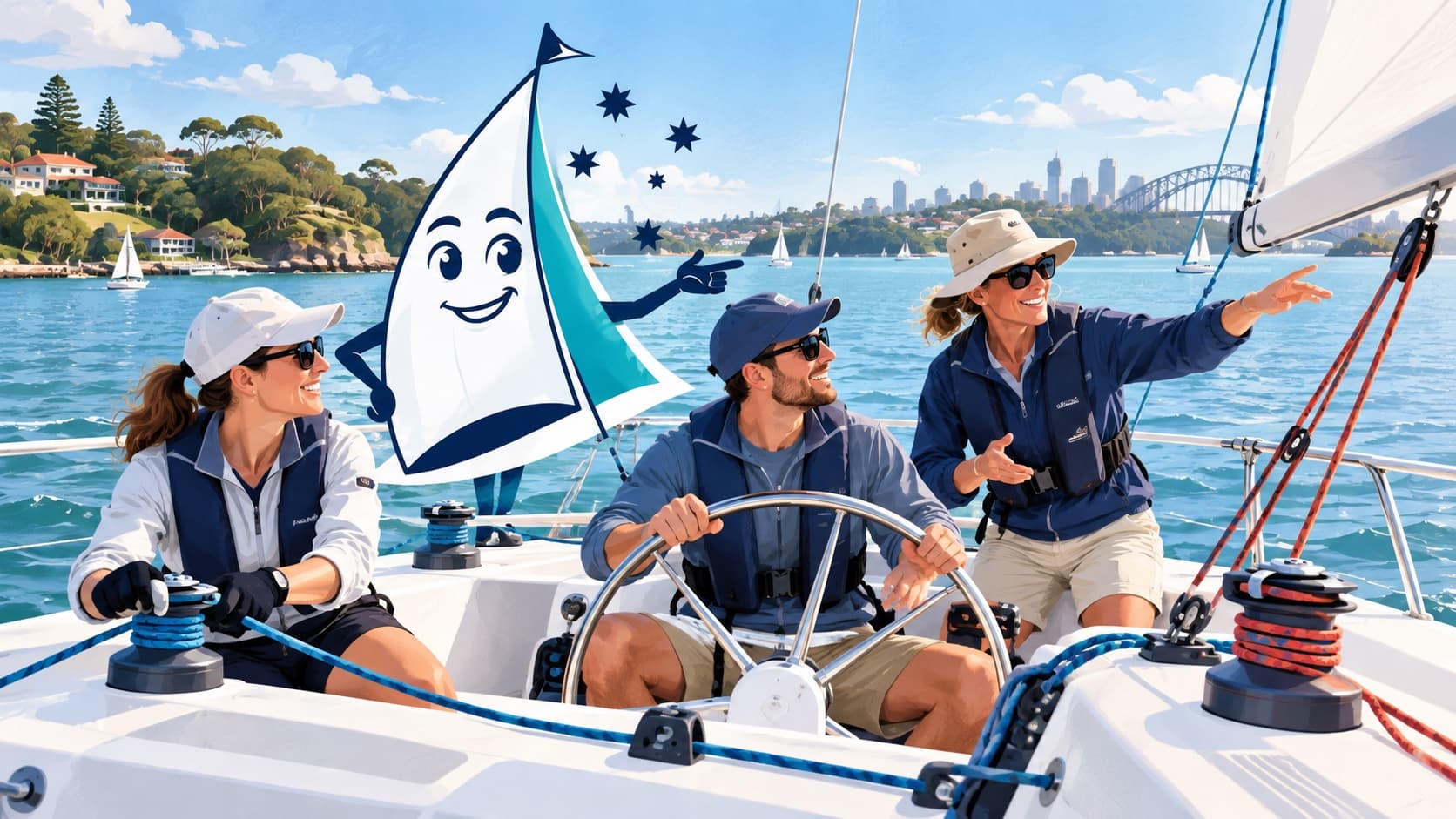 The Sailing Courses mascot guiding adult students as they steer and handle lines in a sheltered Australian harbour