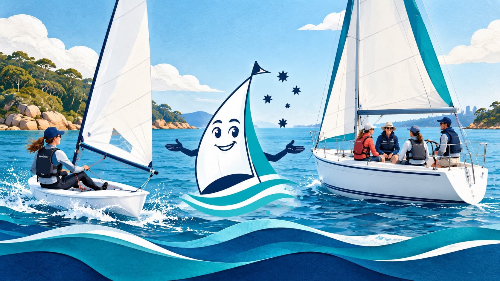 The Sailing Courses mascot presenting a responsive dinghy and a stable training keelboat side by side