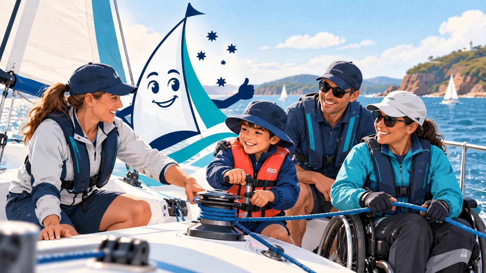 The Sailing Courses mascot joining a family and a sailor with limited mobility in an inclusive sailing lesson