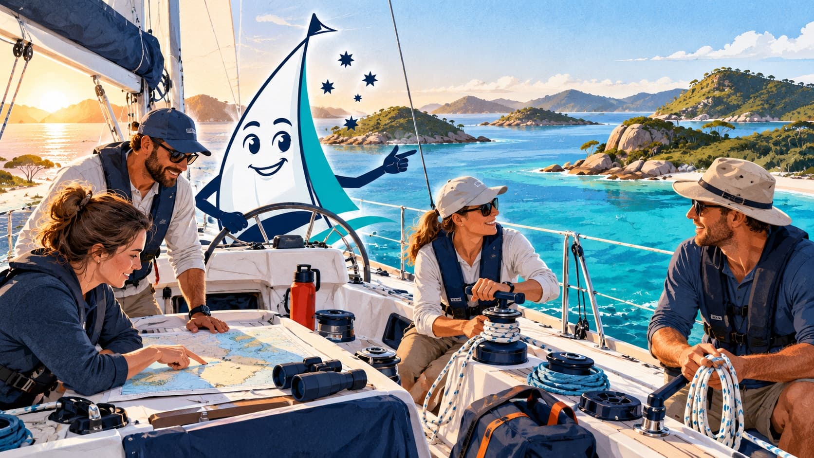 The Sailing Courses mascot with adult students preparing a cruising yacht in Australian island waters