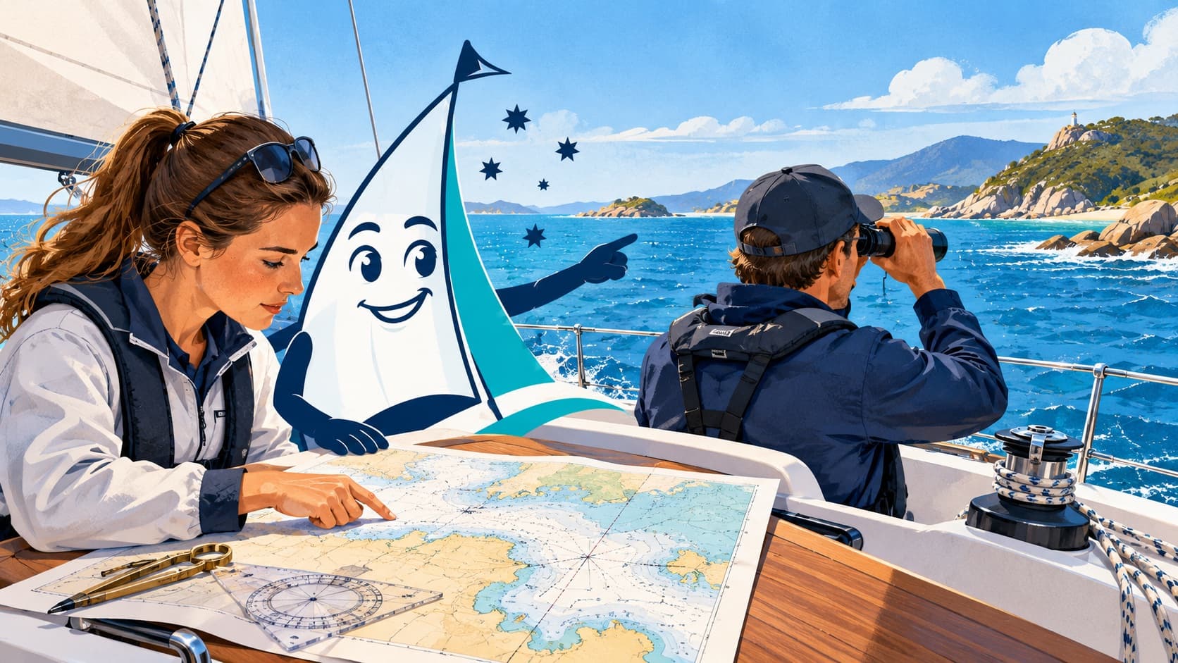 The Sailing Courses mascot helping a student connect a paper chart with an Australian coastal lookout