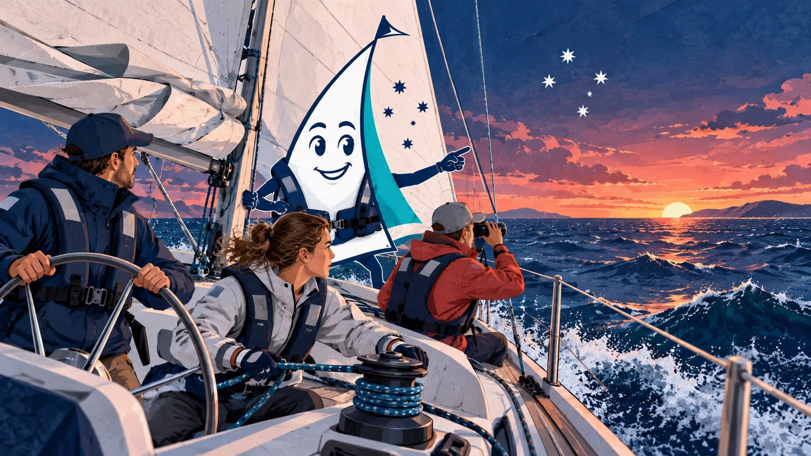 The Sailing Courses mascot in a safety vest with supervised offshore trainees at dusk