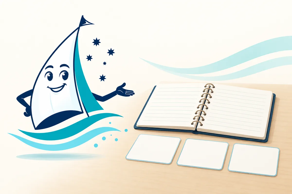 YouSail's sail mascot presenting a notebook and course-comparison cards
