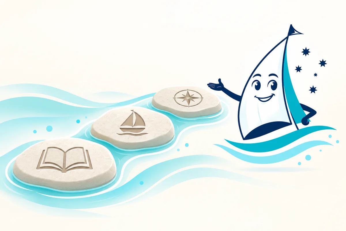 YouSail's sail mascot beside stepping stones representing study, sailing and progression